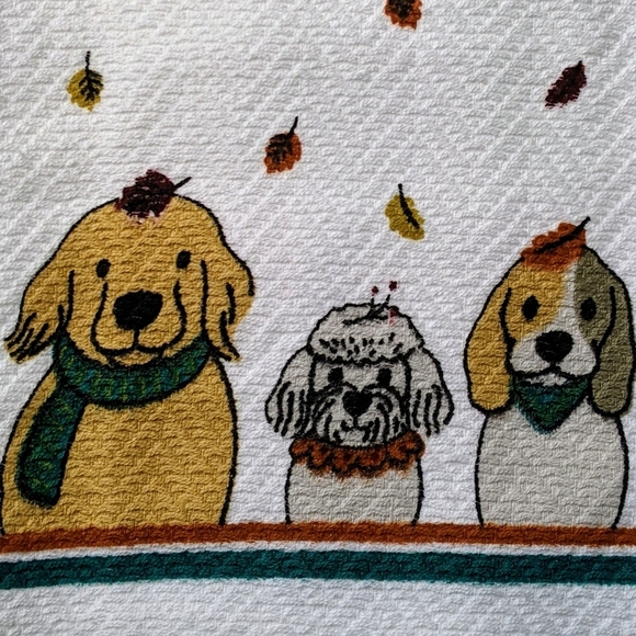 Dog Print Fall Autumn Leaves Theme Kitchen Towel Set Of Two White Multi NWT - Picture 3 of 15
